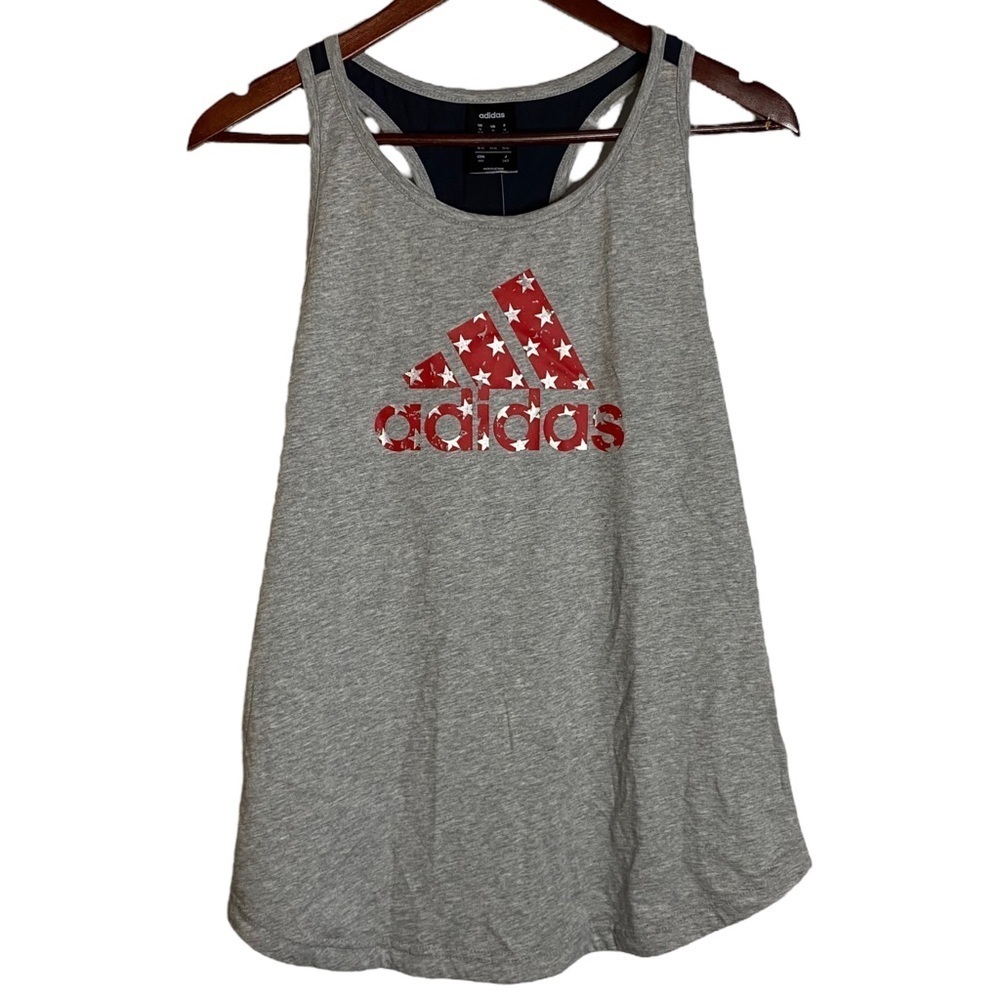 Adidas Heather Gray Tank Top Red Silver Stars Logo Black Red Cotton Medium M